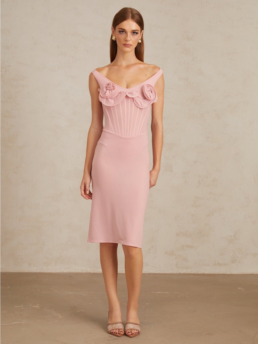 Miss Rosier Blush Pink Off-Shoulder Floral Applique Midi Dress M